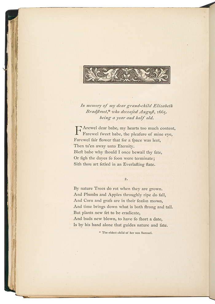 A two stanza poem, each having seven lines, located below a decorative header and dedication to Elizabeth Bradstreet..