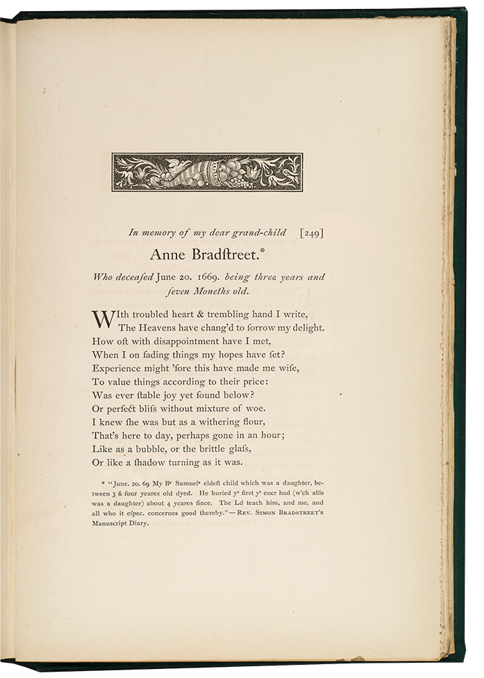 A single stanza poem of 12 lines, located below a decorative header and dedication to Anne Bradstreet.