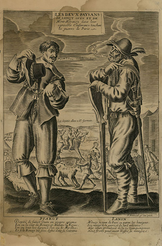 A print depicting two French peasants in the foreground; a bearded man to the right with a downward facing musket and a sword on his backside conversing with another with a goatee while other villagers and animals are in the background.
