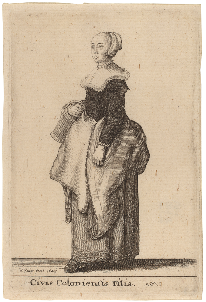 A 1643 etching of a young woman carrying a basket, facing left, wearing a white cap and collar with a frilly end set upon a dark bodice, with fabric wrapped around the top of her floor-length skirt.