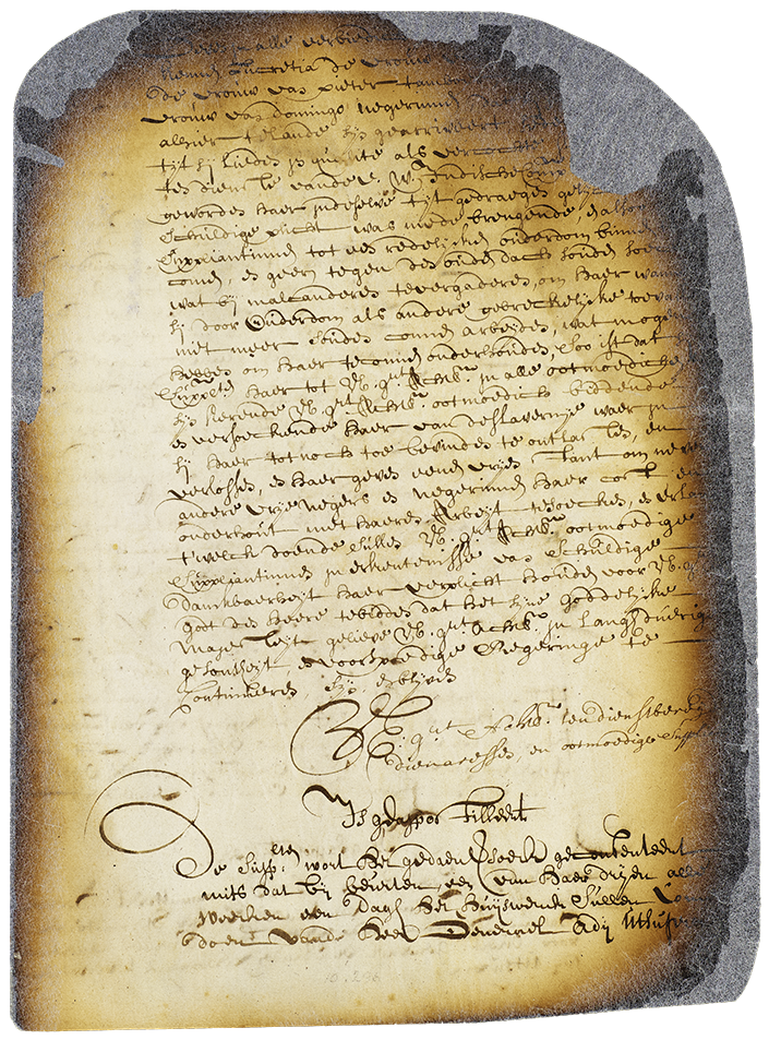 A frayed 1662 petition for release, written in Dutch, for enslaved Mayken Van Angola, Lucretia Albiecke van Angola, and the wife of Peter Tamboer.