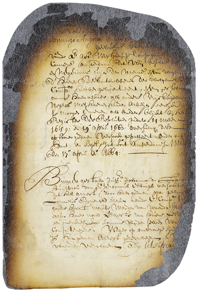 A tattered, handwritten 1664 certificate issued by the Dutch West India Company, liberating formerly enslaved Mayken Van Angola. 