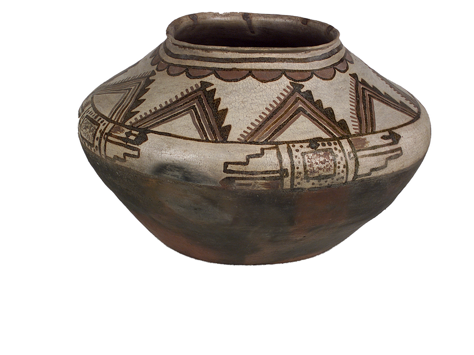 Water jar painted in the Ashiwi style with red, semi-circular patterns below the lip, followed by stacked triangular shapes above stair step rectangles that are set on a white background above a solid red clay base.