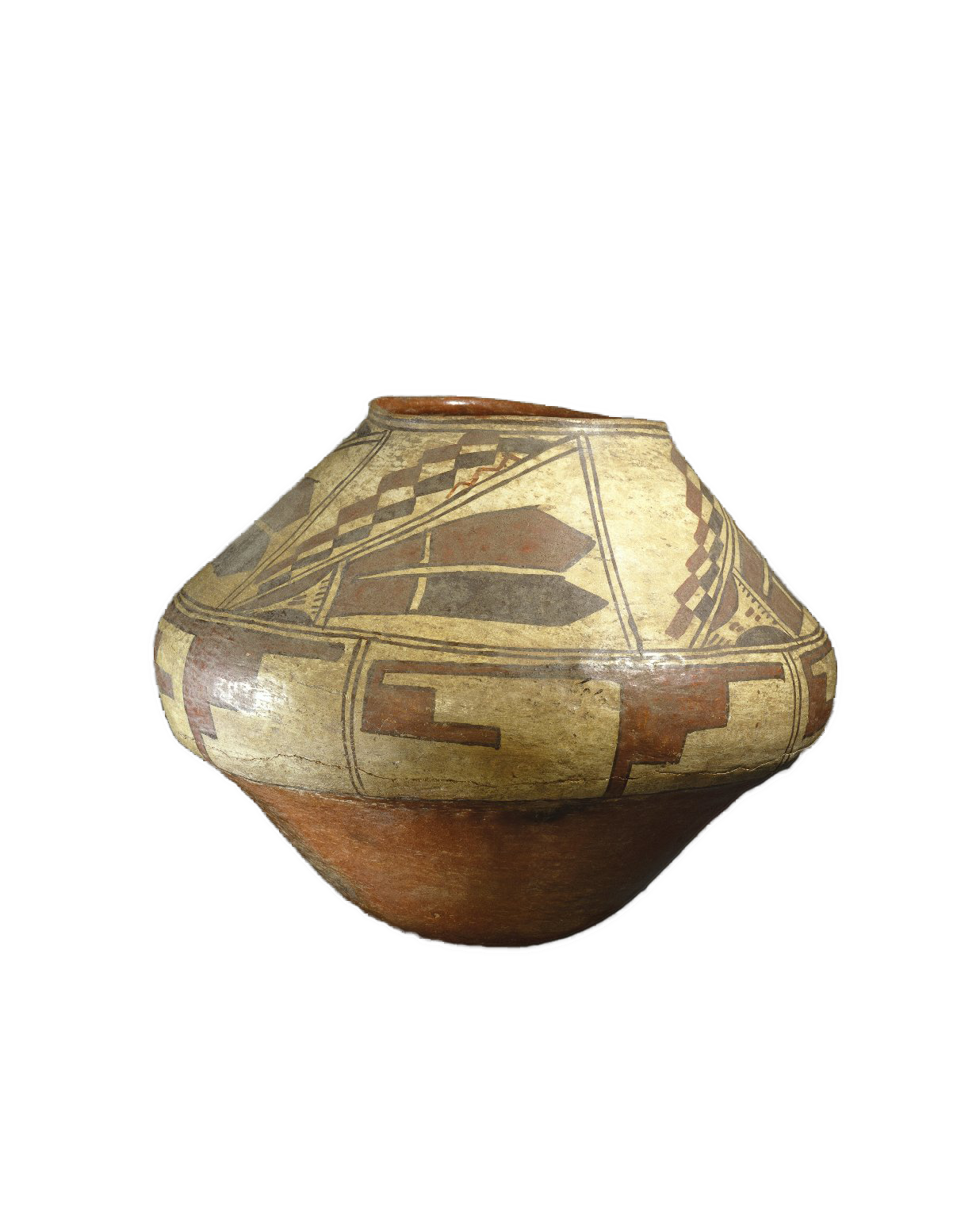 She-we-na (Zuni Pueblo) Polychrone water jar painted in the Ashiwi style using diagonal and alternating geometric shaped diamonds, stair step rectangles as well as feather-like red and dark motifs on with a white glazed background with a solid red base.