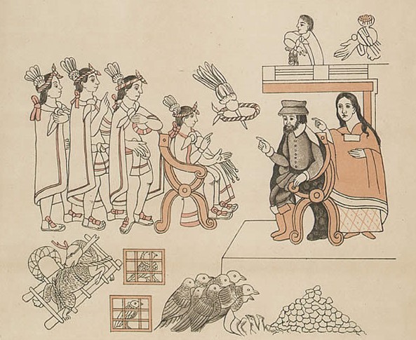 Facsimile of the Tlaxcalan canvas illustrating the meeting between the Aztecs, including ruler Moctezuma (seated on the left) and Spanish conquistador Cortés where a Native American woman, La Malinche, acts as an interpreter.