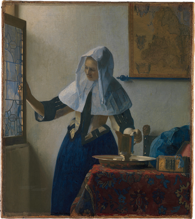 A Vermeer oil painting of a wealthy domestic scene, depicting a woman preparing her ablution by the light of an open window with a gilt-silver pitcher and basin set upon a Persian carpet.