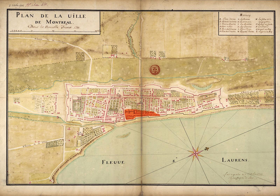 A 1781 urban map showing the layout of streets and plots of land of the fortified city of Montreal, with a considerable area at its center marked in red, and green farmland surrounding it along the St. Lawrence River. 
