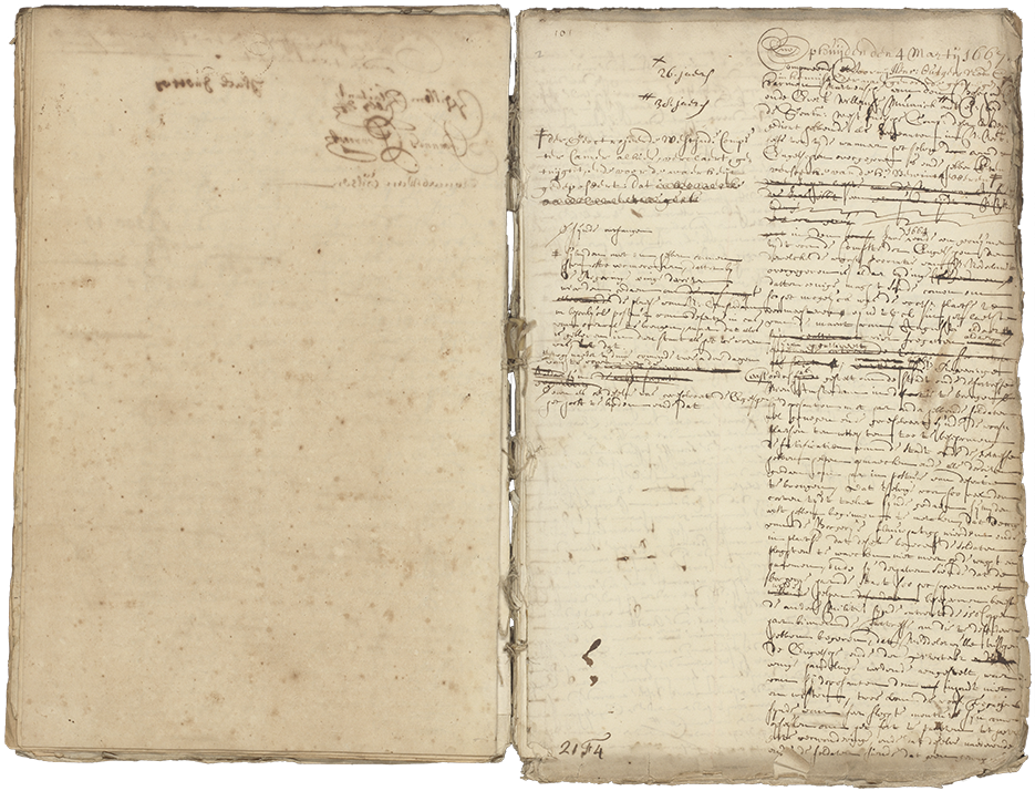 Handwritten, Dutch 1667 testimony of soldiers Martensz and Munnick describing New Amsterdam’s government and popular actions during the arrival of four English ships.
