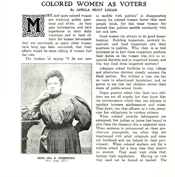 The first page of an article written by Adella Hunt Logan outlining the reasons why Black women should have and use the vote. 