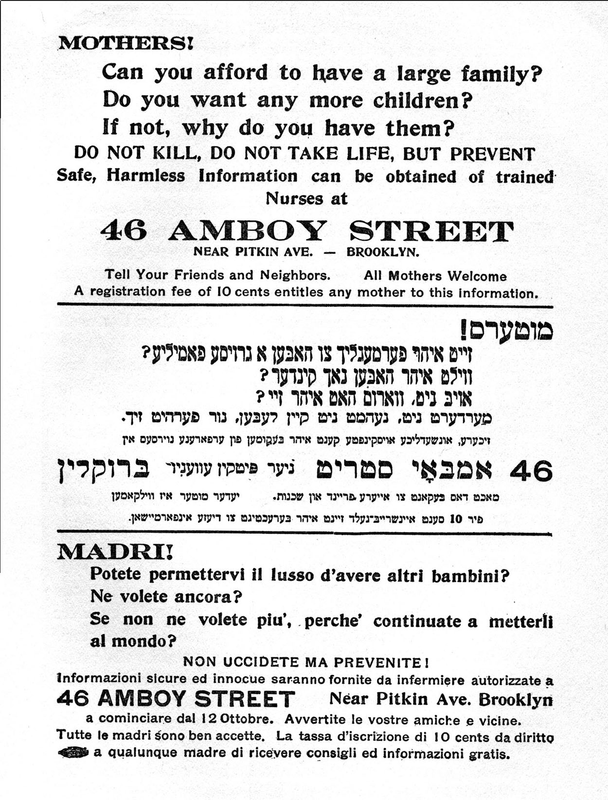 Flyer urging women to come to a clinic in Brooklyn to learn about reproductive education. Written in black lettering in English, Yiddish, and Italian.