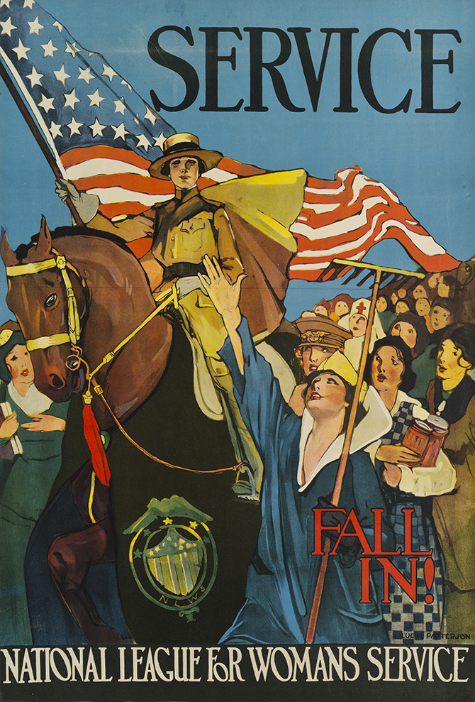 A National League for Woman’s Service poster advocating that women join the war effort. Text on the poster reads: “Service. Fall in!” In the center of the image, a woman in a brown uniform, on a horse, holds an American flag. Other women look up to her. Some appear to be wearing other uniforms, nurse’s outfits, and civilian clothing. One woman holds cans and another holds a farming tool. All of the women in the image appear to be white. 