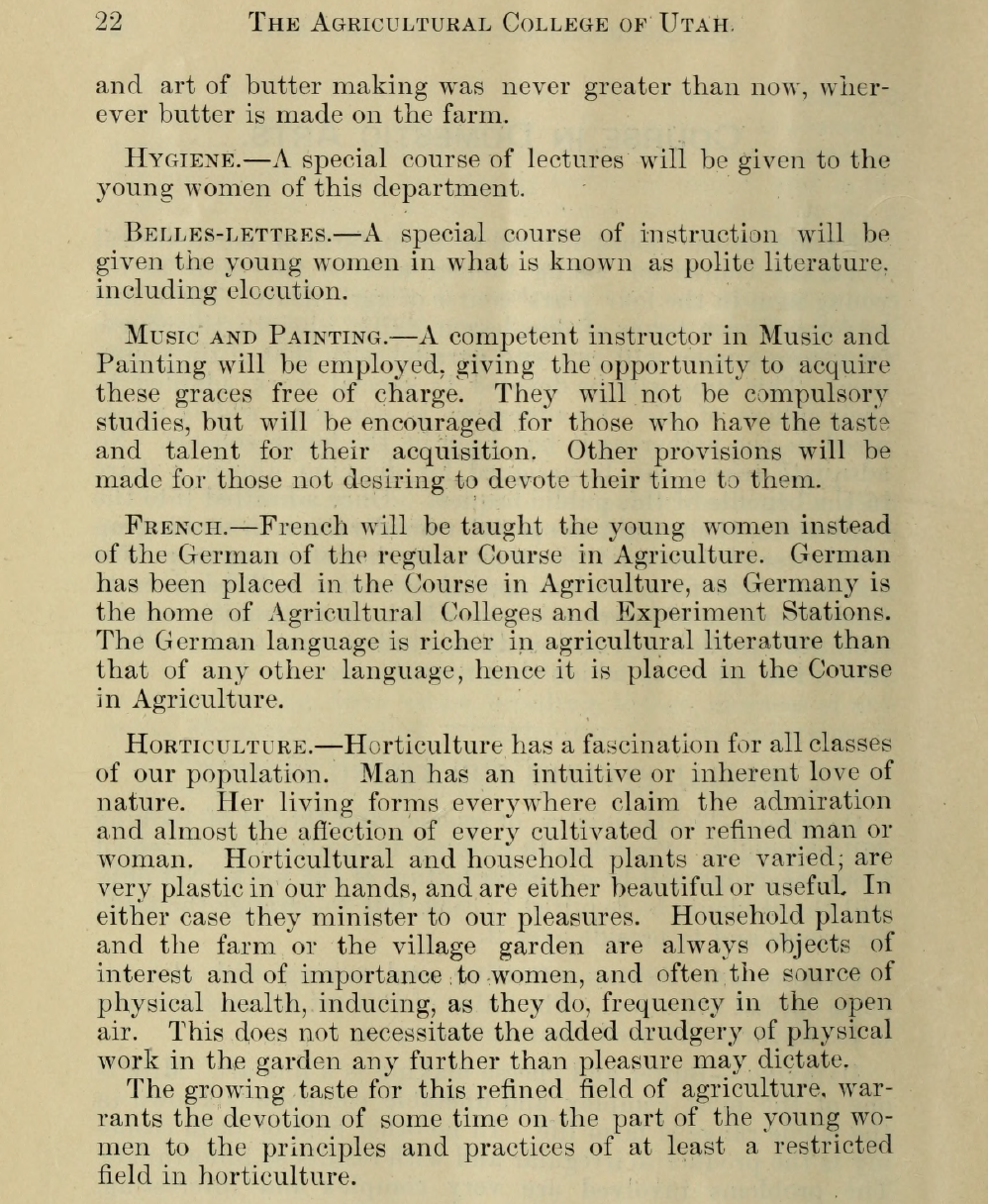 The second of a two-paged excerpt from the Agricultural College of Utah coursebook that outlines classes for young women studying Domestic Arts. 