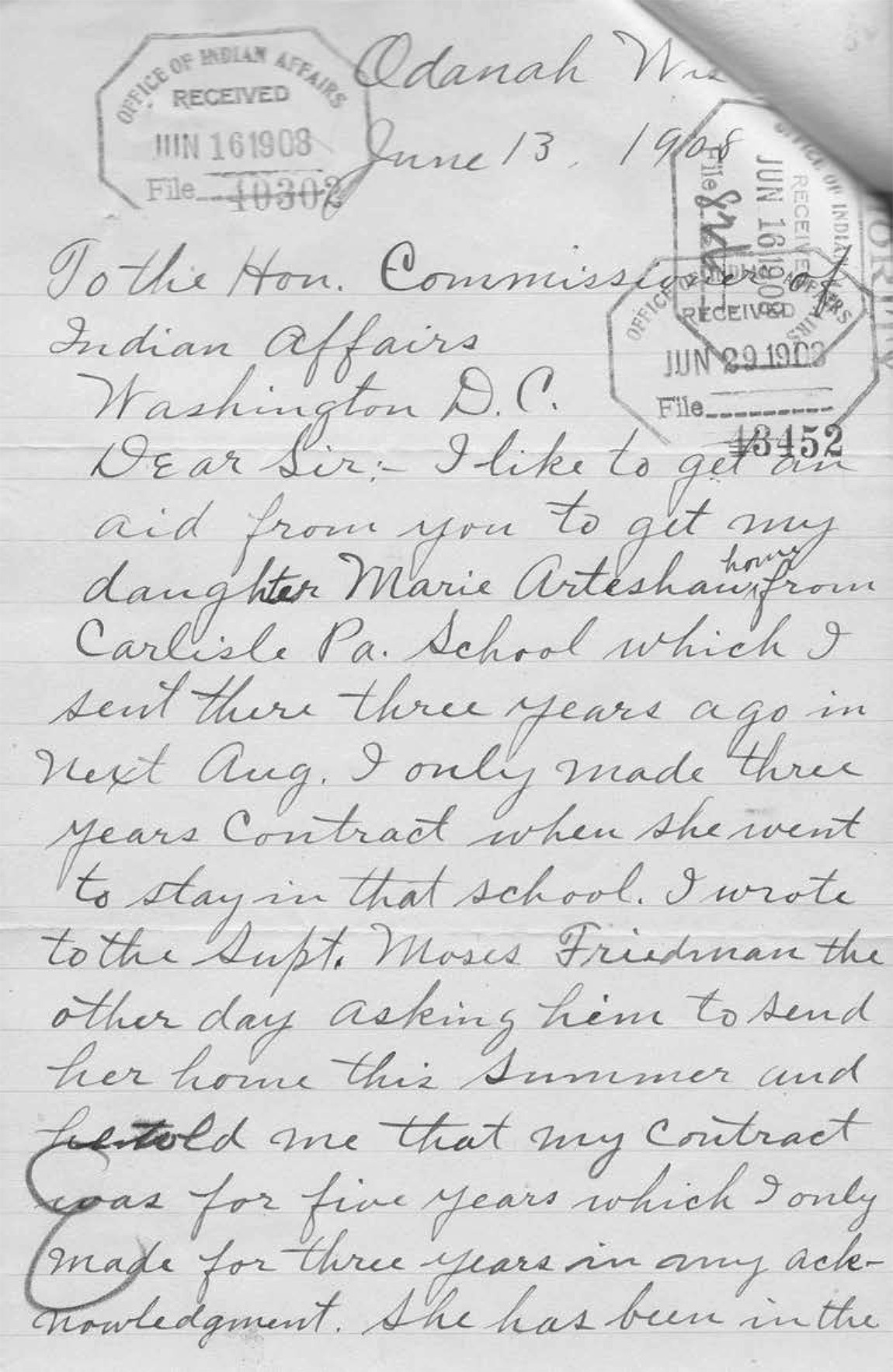 A letter in cursive written by a mother named Theresa Green from the Chippewa Nation to the commissioner of Indian Affairs asking that her daughter be sent home from the Carlisle School since her the 3-year contract there has passed.