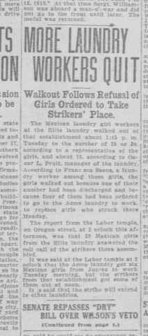 A newspaper clipping from the “El Paso Herald” covering the continued laundry workers strike. The newspaper is from October 28, 1919. 