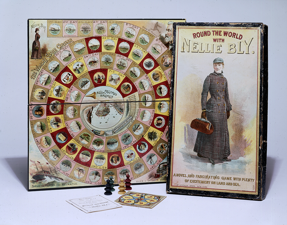 A “Round the World with Nellie Bly” board game. The cover of the game depicts Bly with a hat, bag, and checkered coat similar to the one in the photograph. The game itself lists the days of her journey with action items if you land on a square like “Go back 1 day.” A spinner allows players to advance to the next day and there are game pieces to keep track of where they are on the board. 