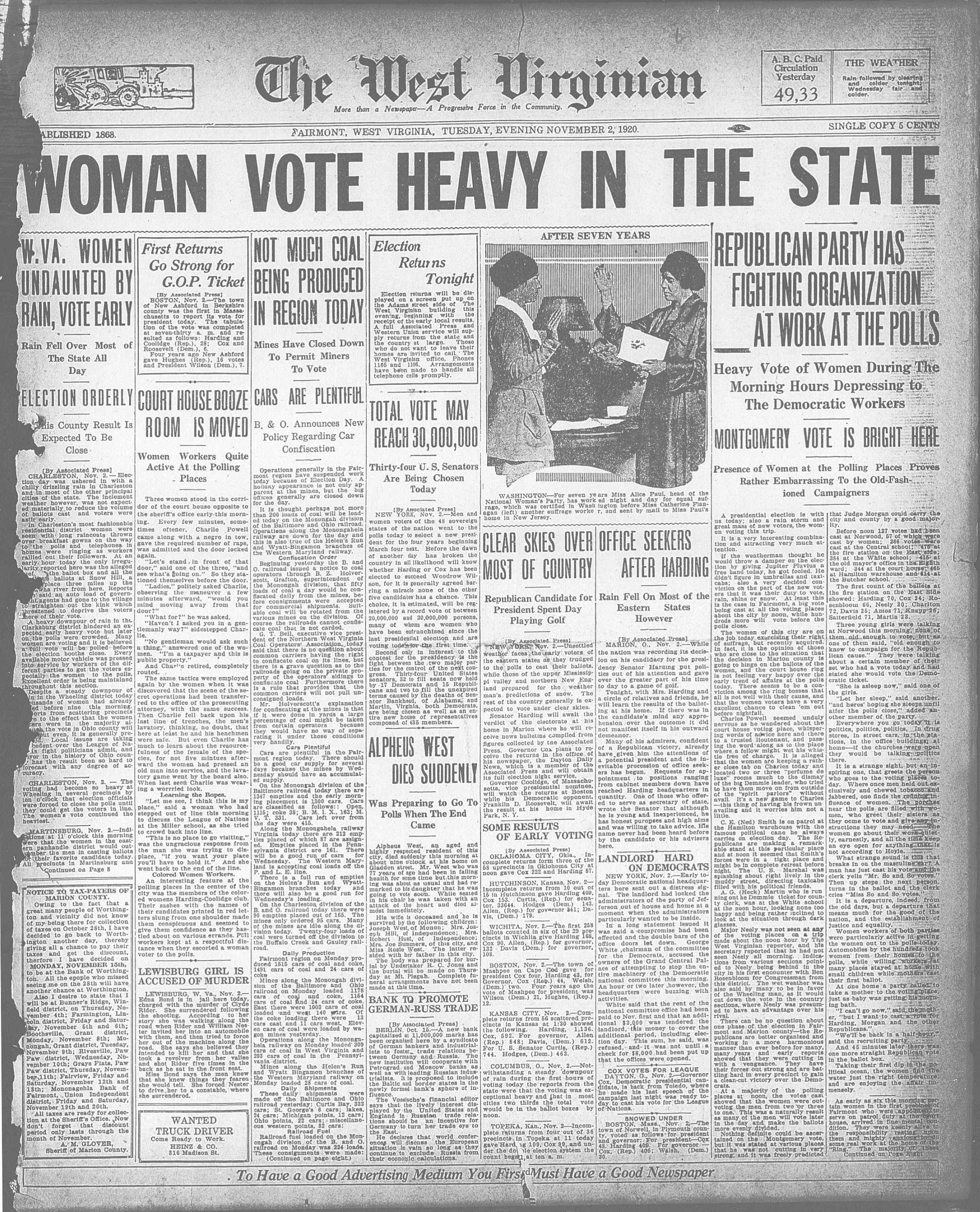 Frontpage of “The West Virginian” newspaper on Election Day in 1920, the first election women could vote in. The main headline reads: “Women Vote Heavy in the State.”
