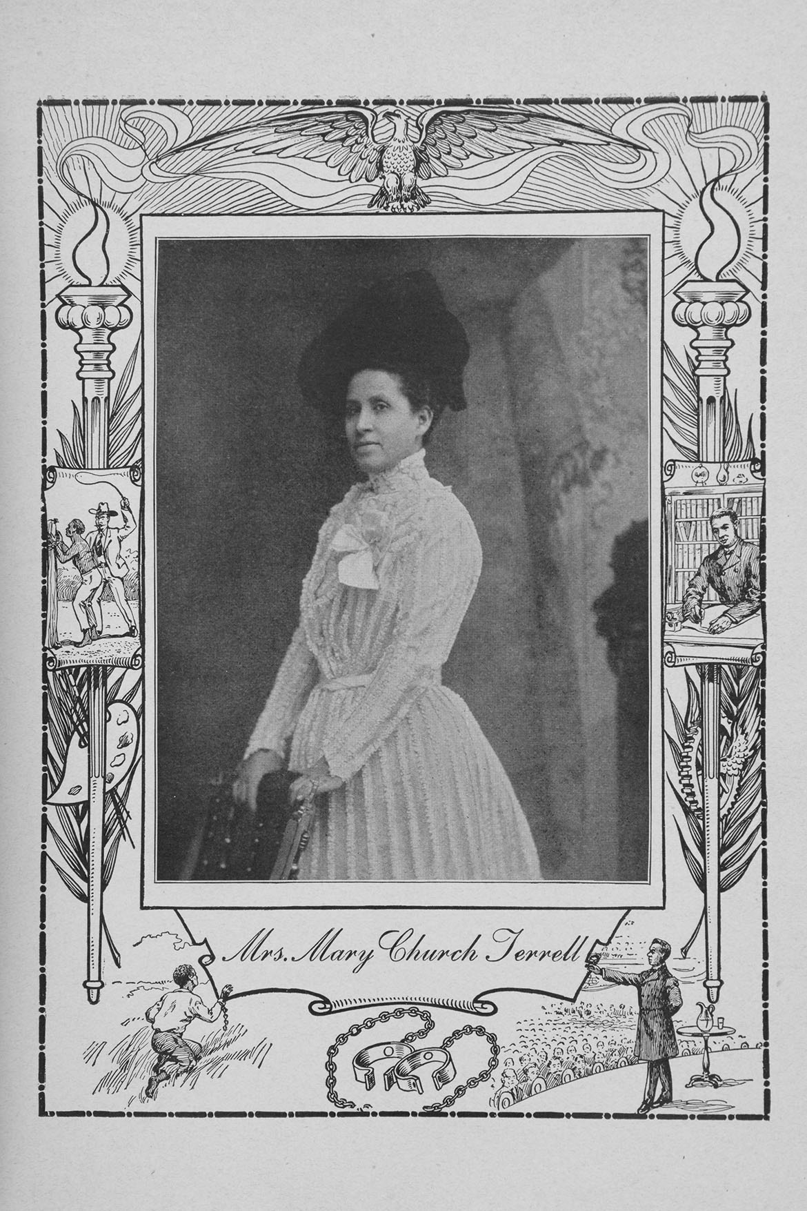 An image of Mary Church Terrell wearing a white dress and black hat. She is standing with her hands resting against a chair. 