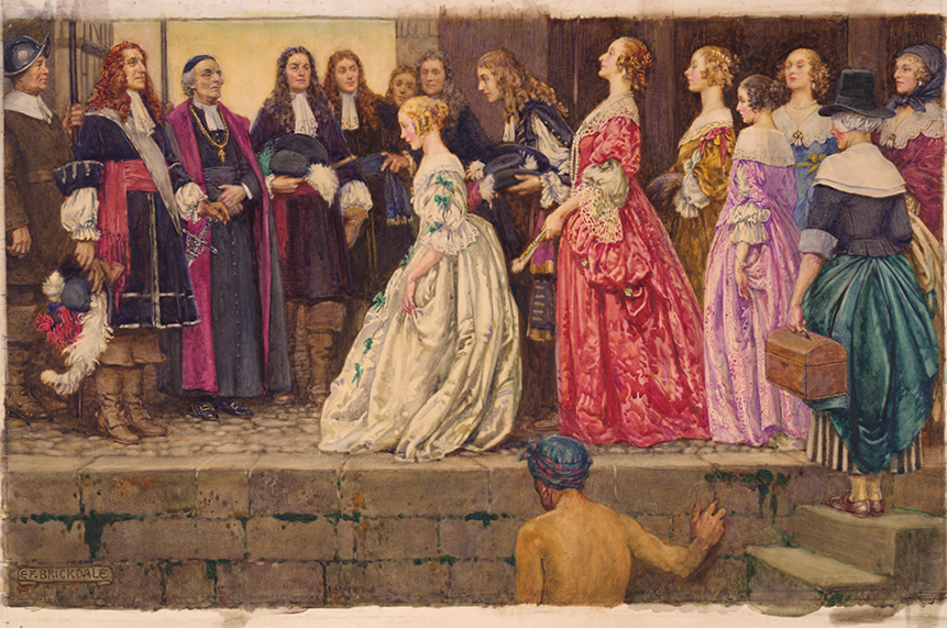 Painting of a group of seven young women in colorful dresses, the center one wearing white, bowing before a group of 17th century New France colonial leaders including a Catholic bishop.