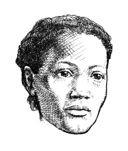 A black and white artist’s interpretative drawing of enslaved Dorothy Angola’s face.