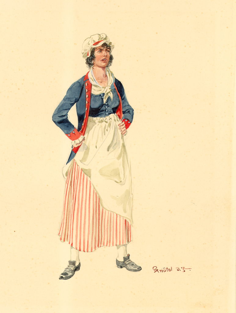 Artist’s rendering and colorful 1955 sketch of a colonial woman, Margaret Corbin, wearing a red and white striped skirt, a white apron and fichu, a blue jacket with a red collar and cuffs, and a white mob cap standing confidently with both hands at her sides. 