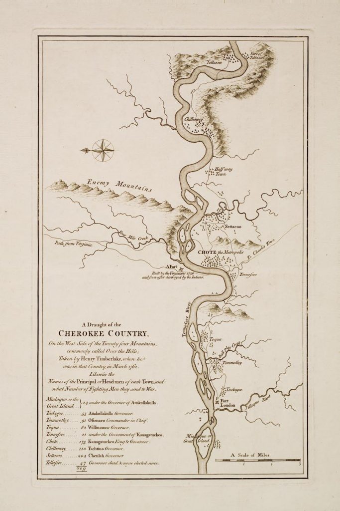 A 1765 map depicting Cherokee land, including mountains, rivers, and creeks, as well as a legend on the bottom left corner with the names of the leading male in each community and the number of warriors under them.