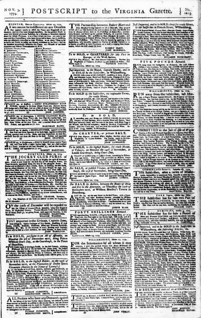 Image of the Postscript of The Virginia Gazette of November 3, 1774, featuring the political statement of 51 women from Edenton, North Carolina, on October 25, 1774.