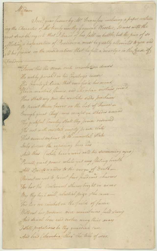 The 1778 handwritten letter from Phillis Wheatley to Mary Wooster including a poem commemorating the recently killed General Wooster.