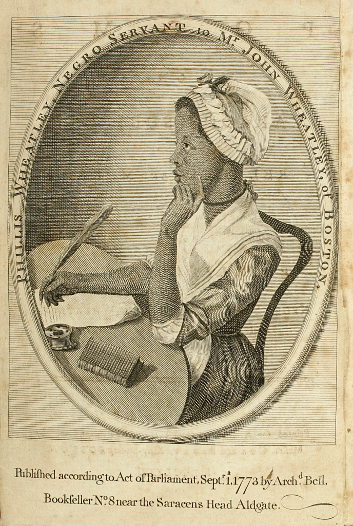 Oval frontispiece portrait of African American Phillis Wheatley and her Poems, on Various Subjects, Religious and Moral, illustrating the poetess with a book and inkwell at her side and a quill in her hand.