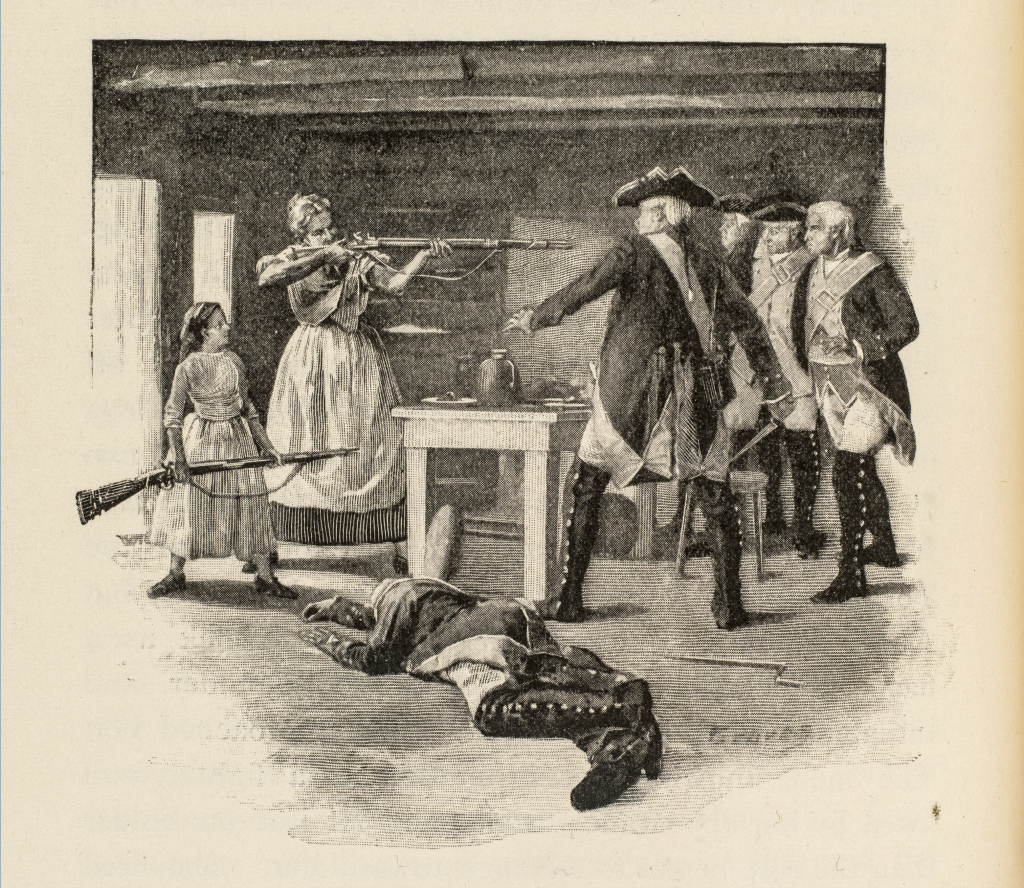 Black and white illustration of a colonial home where a gun-toting woman, Nancy Hart, and her young daughter face a hesitant group of four standing Loyalist soldiers, while a fifth lies injured on the ground. 