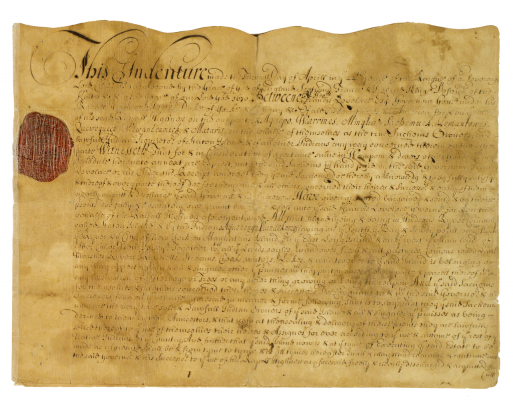First page of the handwritten, yellowed, and red wax sealed 1670 deed for the purchase of Staten Island.