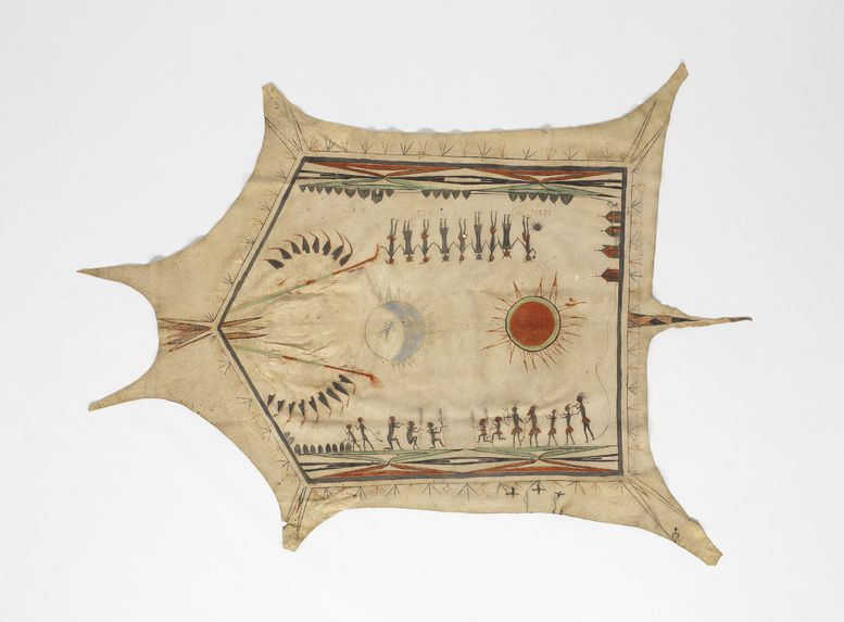 Buffalo hide, stretched and painted, illustrating two groups of bow and arrow armed warriors facing each other below two decorative V-shaped wood and feather ceremonial pipes. In the middle is a moon and red sun to its right, with three separate Quapaw villages found above, on the top edge. Dimensions: 7 ½ x 5 ½ ft.