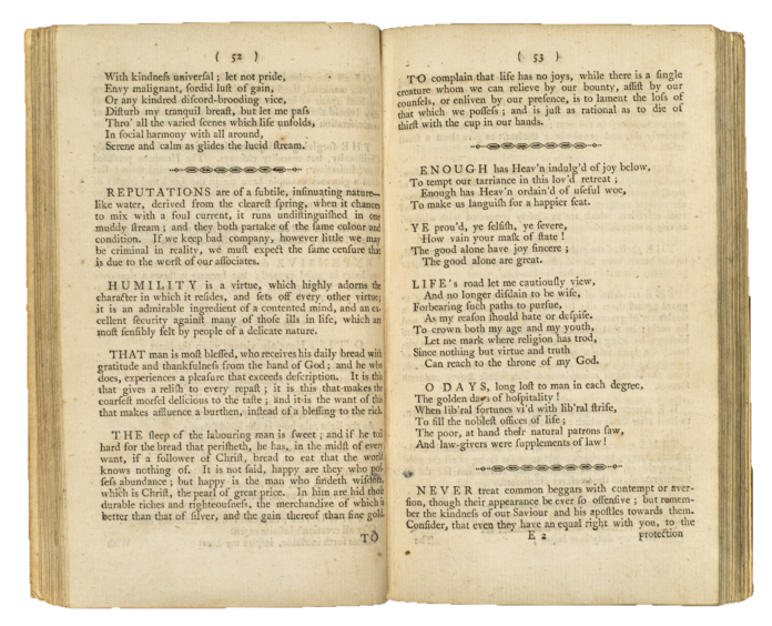 Two yellowed pages of an opened-faced, 1787 instruction book on morality laid out in prose and verse form.