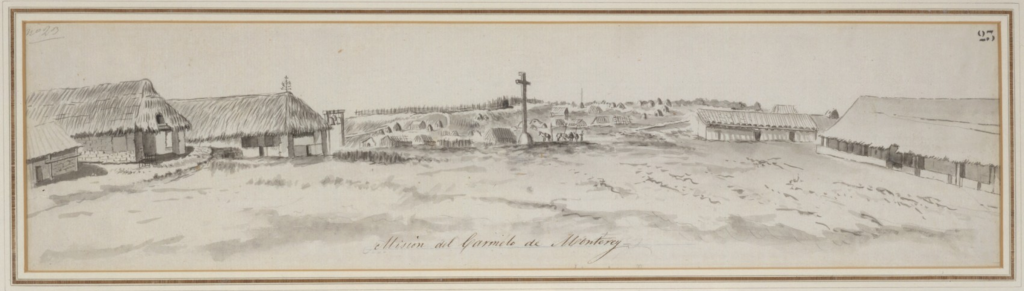 Drawing of the thatch roof buildings of the mission showcasing a church left of the cross erected in the center with bells at its side and the foothills and huts of the Esselen and Ohlone people in the background.