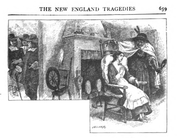 A young white female sits in a chair near a colonial kitchen fireplace while an older Indigenous woman with a cloak and feathered hat holds up a mirror before her while three men stand in the background nearby.