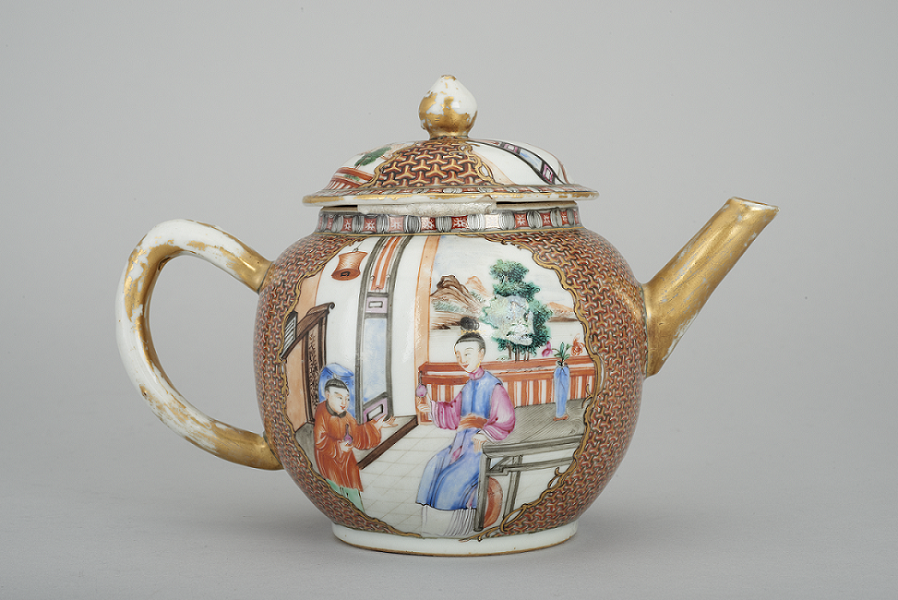 Porcelain teapot, circa 1800, with a faded gilded handle, spout, and lid knob as well as a body that features two Asian figures in a rural domestic setting framed within a woven painted basket design. 