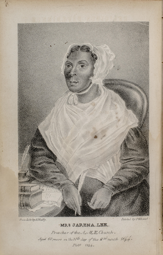 The 1849 frontispiece portrait of a Black woman, Mrs. Jarena Lee, wearing a white mobcap and a fichu on top of her dark, long-sleeved dress, sitting near a pile of books, a quill, and an inkwell. 