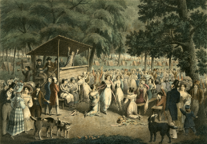 Colorful 1829 illustration of a large group of white people gathered in a rural setting near a covered stand where a man speaks. Many camping tents are seen in the forested background.