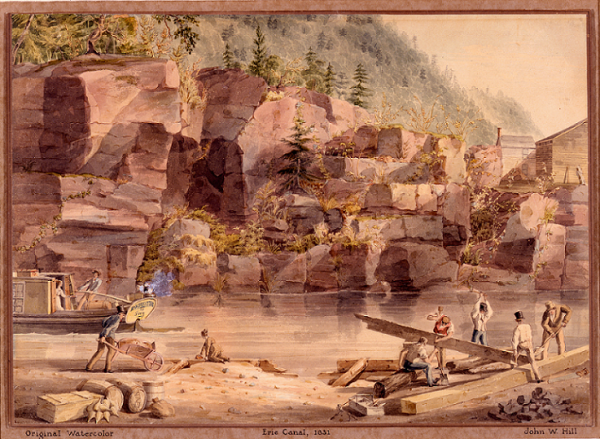 An 1831 landscape graphite and watercolor painting of people working along the Erie Canal’s rocky waterways, including a kneeling woman collecting water and another on a traveling barge. Dimensions: 9 ½” x 13 ½.”