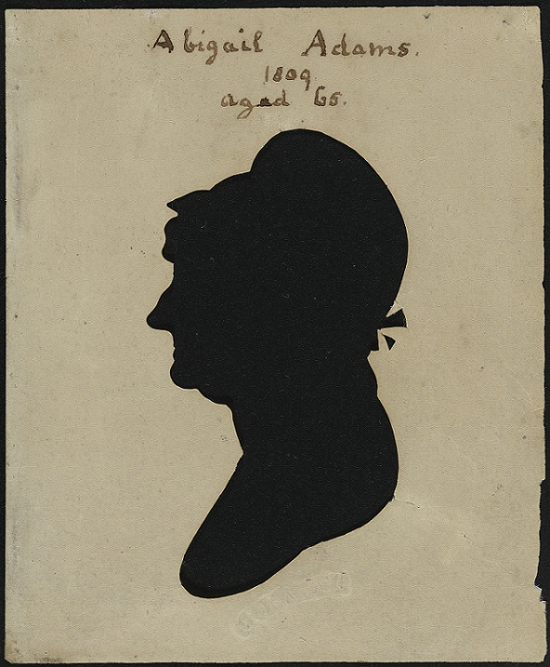 Left-looking profile silhouette of Abigail Adams aged 65, dated 1809, wearing a colonial cap.