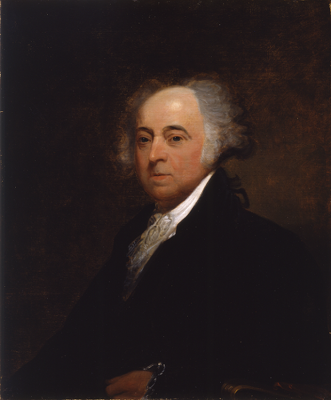 Oil on canvas portrait of a seated, gray haired John Adams wearing a white cravat and black coat.