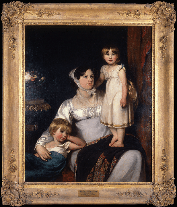 Gold framed, 1818 oil painting of a seated white woman, Mrs. Robert Bolton (Anne Jay), dressed in a white empire dress with two children at her sides; a young boy lying on her right and a young daughter standing on her left thigh.