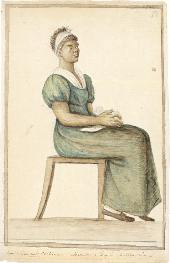 Graphite watercolor made of black chalk and brown and black ink of a young, light skinned Black woman wearing a simple blue, short-sleeved dress with a white fichu and a partial hairwrap, facing to the right with a white cloth on her lap.