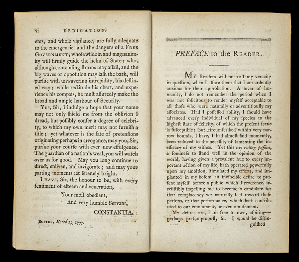 A two-page, book layout, yellowed print copy of The Gleaner, A Miscellaneous Production. On the left is a dedication page by Constantia dated March 15, 1797, while on the right is the first page excerpt of the Preface to the Reader.