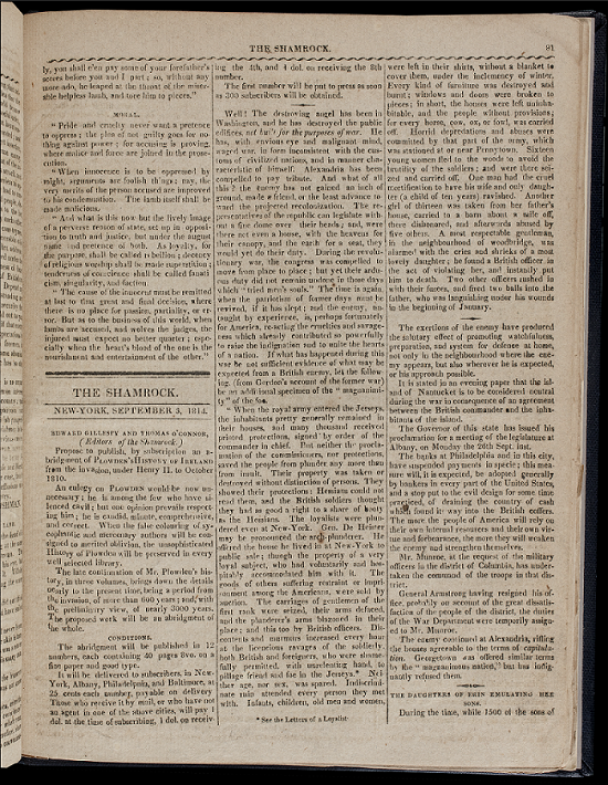 Typed, yellowed excerpt of the article “The Daughters of Erin Emulating her sons” from the September 3, 1814, New York City-based Irish newspaper, The Shamrock.