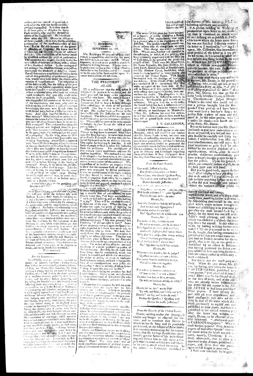 Four-column page of the September 1, 1802, Richmond newspaper The Recorder featuring the article “The President Again” by James T. Callender.