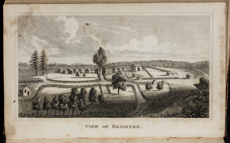 A stained, 1821 panoramic illustration of a wooden fence enclosed campus of the Brainerd Mission, including school houses and dormitory cabins. 