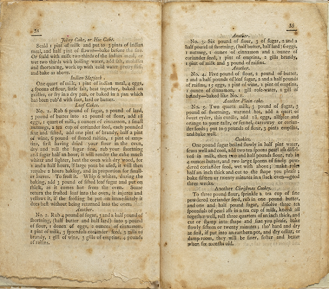 Two, heavily stained pages of Amelia Simmon’s 1796 cookbook, American Cookery, including recipes for Johnny Cake, Indian Slapjack, leaf cakes, and cookies.