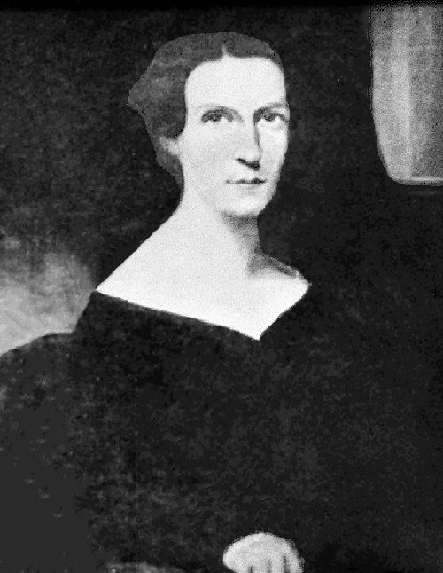 A blurry black and white portrait photograph of a white woman, Harriet Ruggles Gold Boudinot.